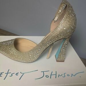Betsey Johnson Gold Crystal Ankle-Strap Pumps with Blue Sole